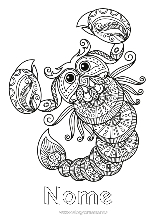 Pagina da colorare da stampare Animale Zentangle Segno zodiacale Animali selvatici dell'Africa Scorpione Segni zodiacali