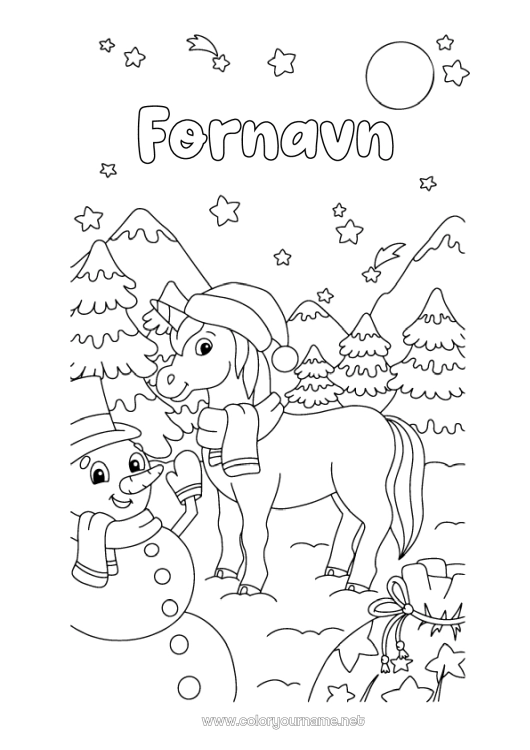 Fargeleggingssiden til utskrift Snø Vinter Snømann Enhjørning Stjerner Måne Drager, enhornede hester og fantastiske dyr Gran Skjerf Vinterlue