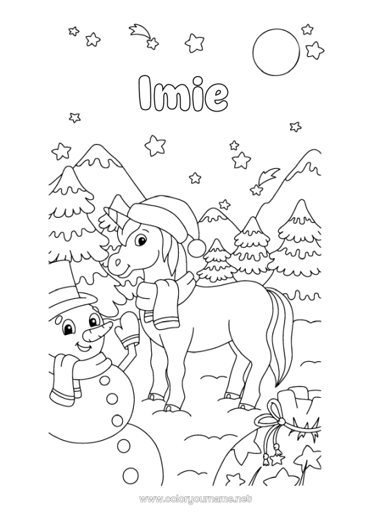 Kolorowanka do wydruku Śnieg Zima Bałwanek Jednorożec Zwierzę Gwiazdy Księżyc Smoki, Jednorożce I Fantastyczne Zwierzęta Choinka Szalik Czapka Zimowa