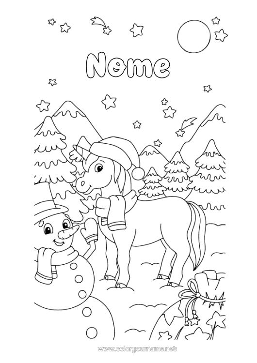 Pagina da colorare da stampare Neve Inverno Pupazzo di neve Unicorno Stelle Luna Draghi, unicorni e animali fantastici Abete Sciarpa Berretto Invernale