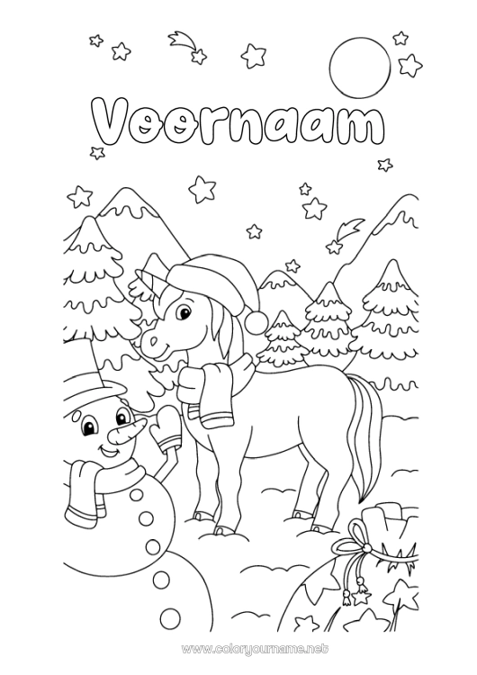 Kleurplaat om af te drukken Sneeuw Winter Sneeuwpop Eenhoorn Sterren Maan Draken, eenhoorns en fantastische dieren Kerstboom Sjaal Wintermuts