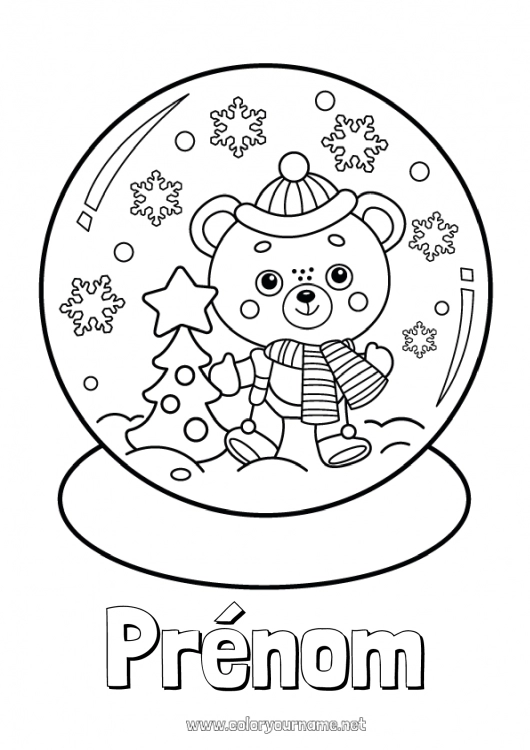 Coloriage à imprimer Neige Hiver Flocons de neige Ourson Animaux de la forêt