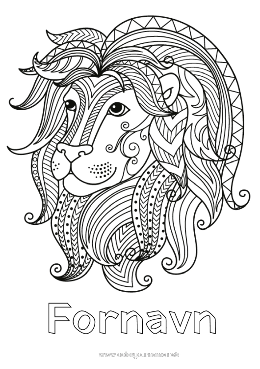 Farvelægningssiden til udskrivning Løve Dyr Zentangle Stjernetegn Afrikanske vilde dyr Stjernetegn