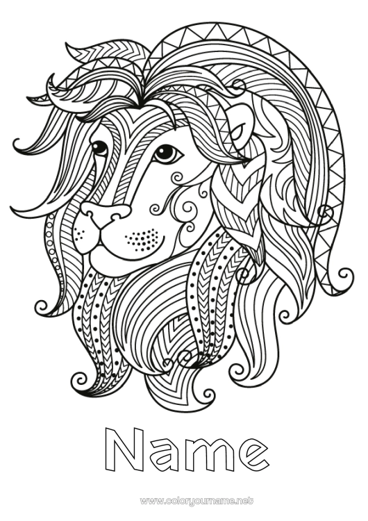 Coloring page to print Lion Animal Zentangle Astrological sign Wild animals of Africa Zodiac signs