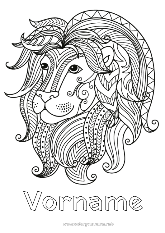 Malvorlage zum Ausdrucken Löwe Tier Zentangle Sternzeichen Wilde Tiere Afrikas Sternzeichen