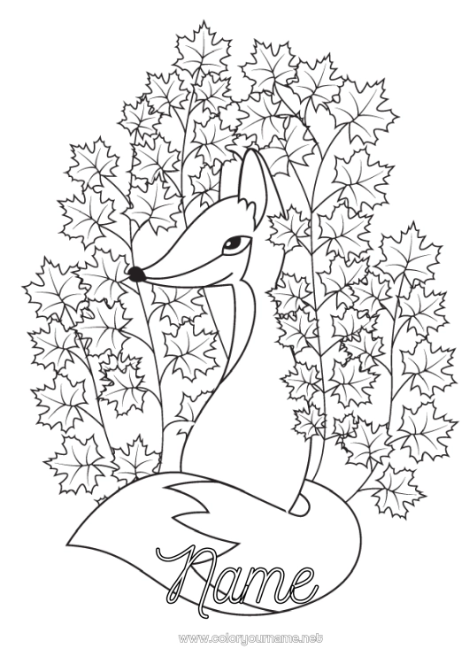 Coloring page to print Autumn Fox Leaves Forest animals Dead leaves