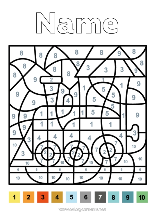 Coloring page to print Coloring by numbers Children's activities Train Locomotive Ground public transport
