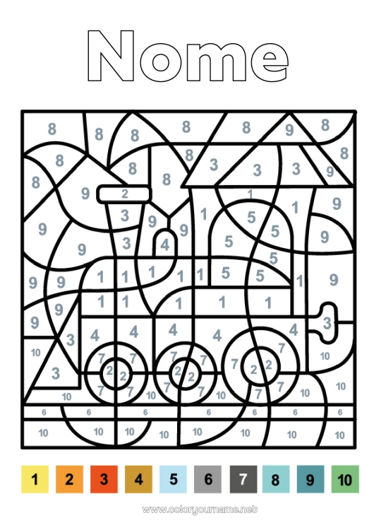 Página de desenho para imprimir Colorir por números Atividades para Crianças Trem Locomotiva Transporte público terrestre