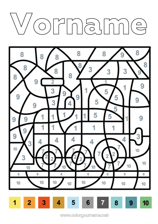 Malvorlage zum Ausdrucken Malen nach Zahlen Kinderaktivitäten Zug Lokomotive Öffentlicher Nahverkehr