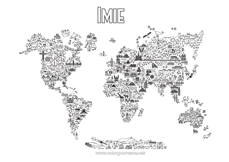 Kolorowanka do wydruku Geografia Symbole Mapa świata Pomnik Podróż Świątecznego Elfa
