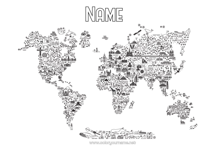 Colouring page to print Geography Symbols World Map Monument Mischievous Elf's Journey