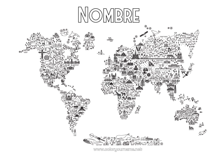 Dibujo para colorear para imprimir Geografía Simbolos Mapa del mundo Monument Viaje del duende navideño