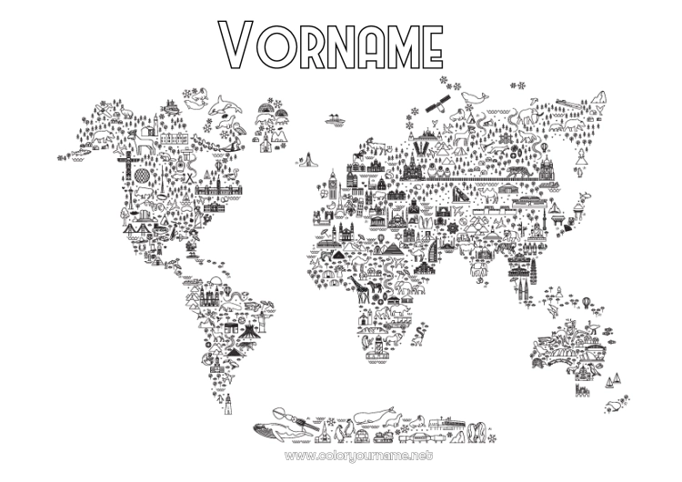 Malvorlage zum Ausdrucken Geografie Symbole Weltkarte Denkmal Reise des Weihnachtselfen