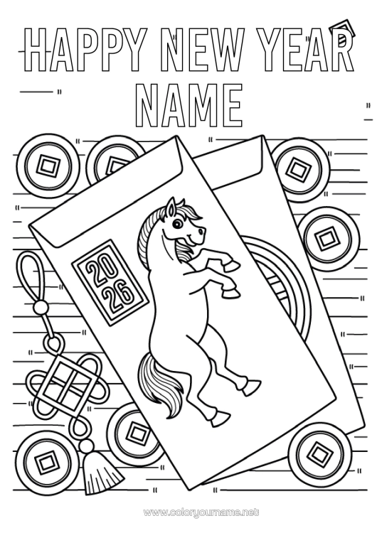 Colouring page to print Horse Happy New Year Chinese New Year Farm Animals "Happy New Year" 2026
