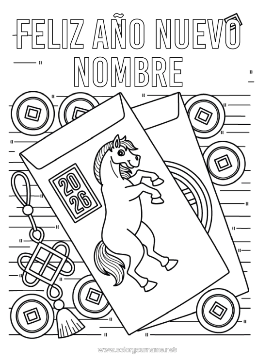 Dibujo para colorear para imprimir Caballo Feliz año Año Nuevo chino Animales de granja Mensaje 