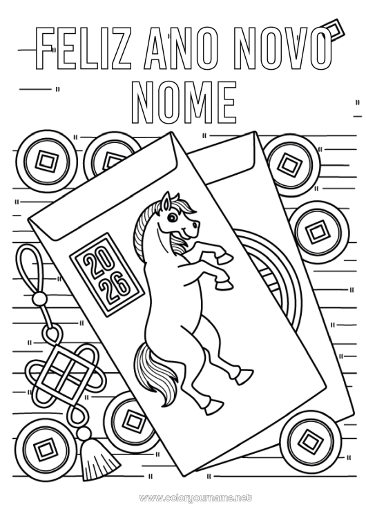 Página de desenho para imprimir Cavalo Feliz Ano Novo Ano Novo Chinês Animais de fazenda Mensagem de 