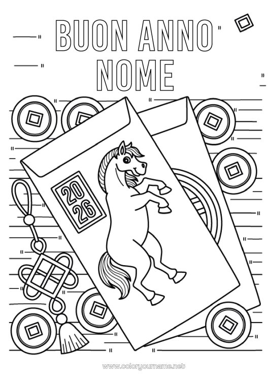 Pagina da colorare da stampare Cavallo Buon Anno Capodanno cinese Animali da fattoria Messaggio 