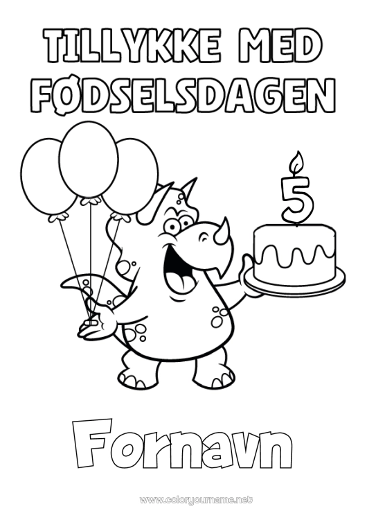 Farvelægningssiden til udskrivning Fødselsdag Dinosaurer Balloner Triceratops Tillykke med fødselsdagen! Tilpasselig aldersfejring Fødselsdagskage
