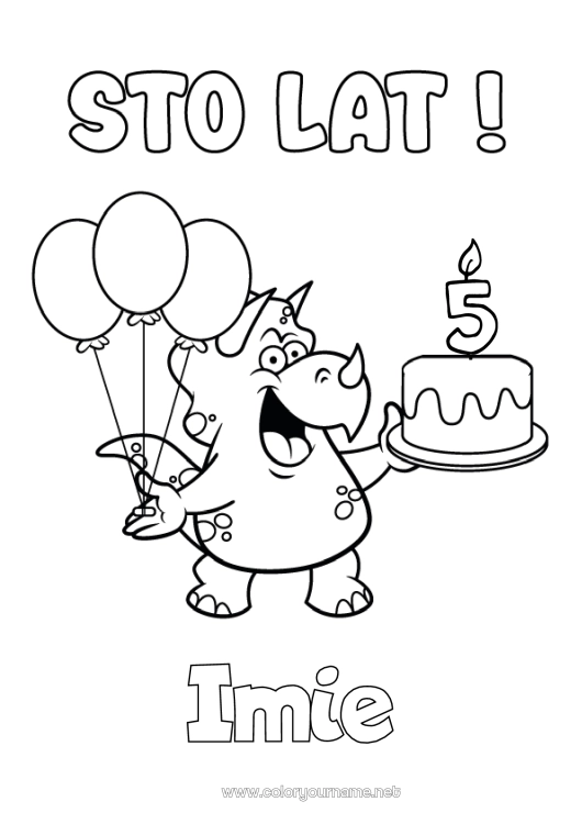 Kolorowanka do wydruku Urodziny Dinozaury Balony Triceratops Wszystkiego najlepszego z okazji urodzin! Personalizowany wiek urodzinowy Tort urodzinowy