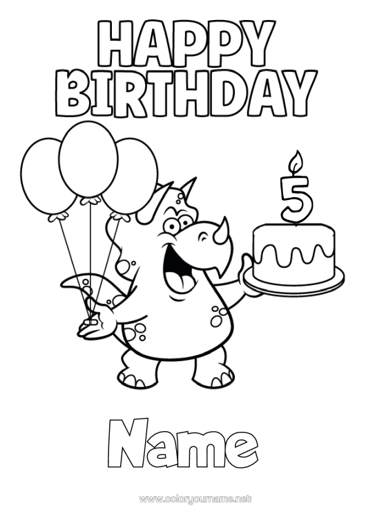 Colouring page to print Birthday Dinosaurs Balloons Triceratops Happy Birthday Message Customisable Age Celebrated Birthday Cake
