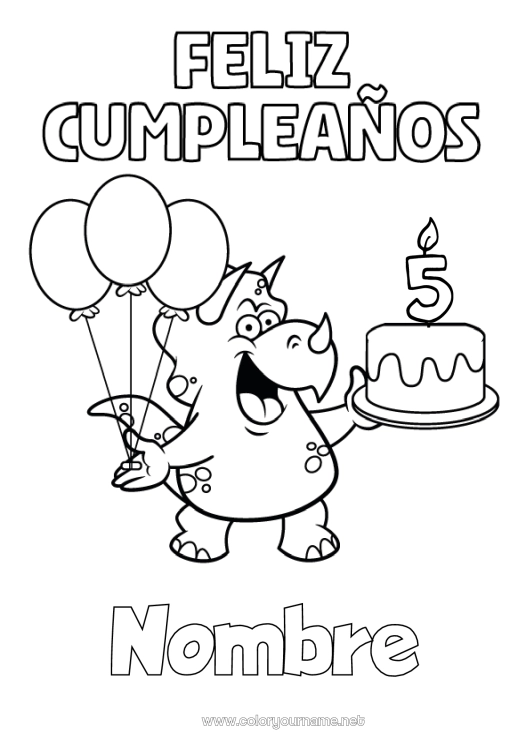 Dibujo para colorear para imprimir Cumpleaños Dinosaurios Globos Triceratops Mensaje de feliz cumpleaños (inglés) Edad personalizable Pastel de cumpleaños
