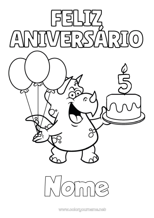 Página de desenho para imprimir Aniversário Dinossauros Bolas Tricerátopo Feliz aniversário (francês) Mensagem Idade comemorada personalizável Bolo de aniversário