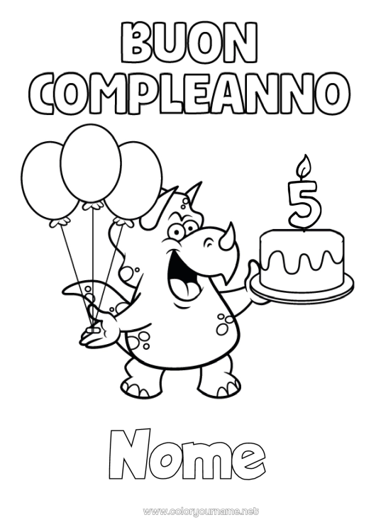 Pagina da colorare da stampare Compleanno Dinosauri Palloncini Triceratopo Buon compleanno (francese) Messaggio Età festeggiata personalizzabile Torta di compleanno