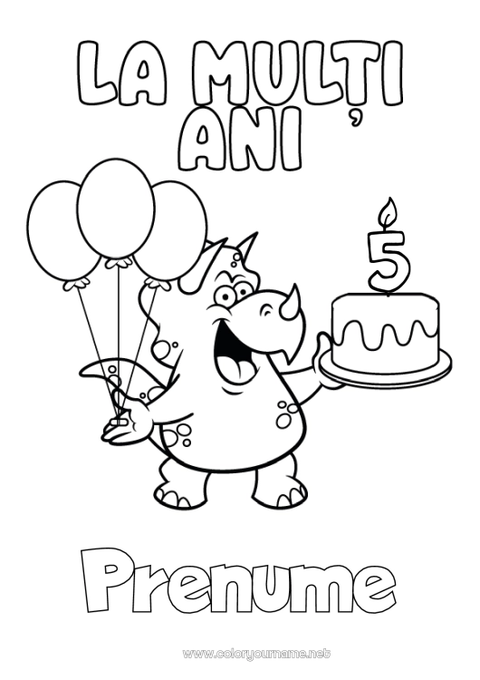 Pagină de colorat de imprimat Aniversare Dinozauri Baloane Triceratops La mulți ani! Vârstă personalizabilă de sărbătorit Tort de ziua de naștere