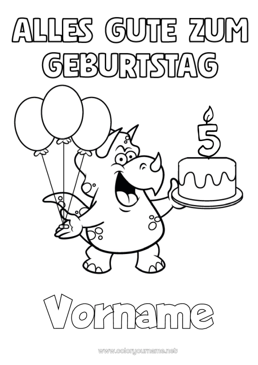 Malvorlage zum Ausdrucken Geburtstag Dinosaurier Luftballons Triceratops Alles Gute zum Geburtstag (Französisch) Nachricht Angepasstes Geburtstagsalter Geburtstagskuchen