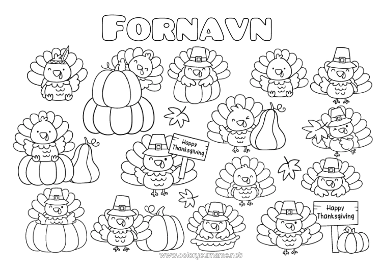 Farvelægningssiden til udskrivning Græskar Høstsankefest Kawaii Thanksgiving kalkun