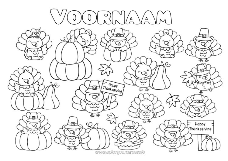 Kleurplaat om af te drukken Pompoen Dankzegging Kawaii Thanksgiving-kalkoen