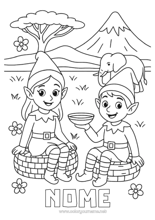 Pagina da colorare da stampare Elfo di Natale Pagine da colorare degli elfi Africa Viaggio dell'elfo di Natale Diversi elfi birichini Folletti di Natale Viaggiatori