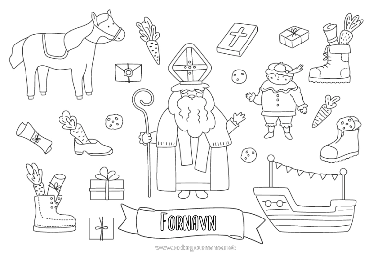 Fargeleggingssiden til utskrift Gaver Hest Symboler Gårdsdyr Sankt Nikolaus