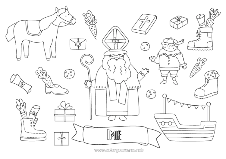 Kolorowanka do wydruku Prezenty Koń Symbole Zwierzęta gospodarskie Święty Mikołaj
