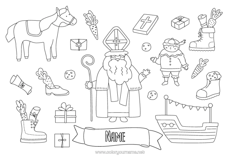Colouring page to print Gifts Horse Symbols Farm Animals Saint Nicholas