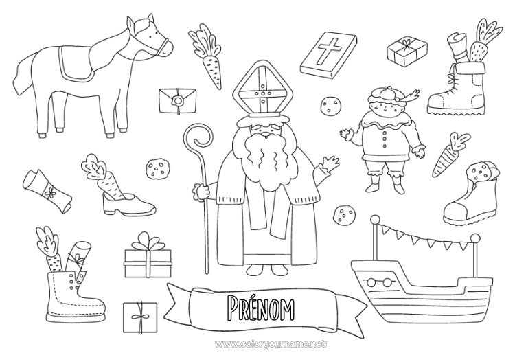 Coloriage à imprimer Cadeaux Cheval Symboles Animaux de la ferme Saint Nicolas