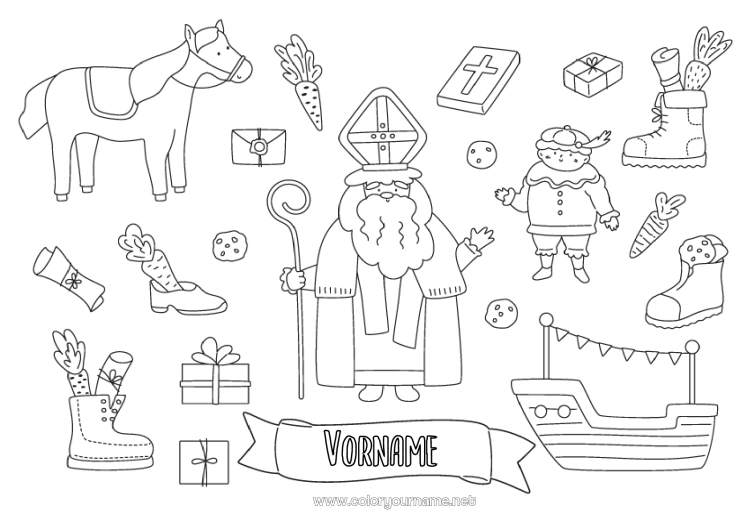 Malvorlage zum Ausdrucken Geschenke Pferd Symbole Bauernhoftiere Sankt Nikolaus