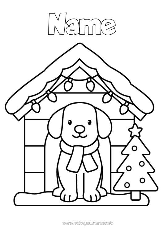 Coloring page to print Christmas tree Christmas Dog Christmas tinsel Easy coloring pages Dog and cat Scarf Niche