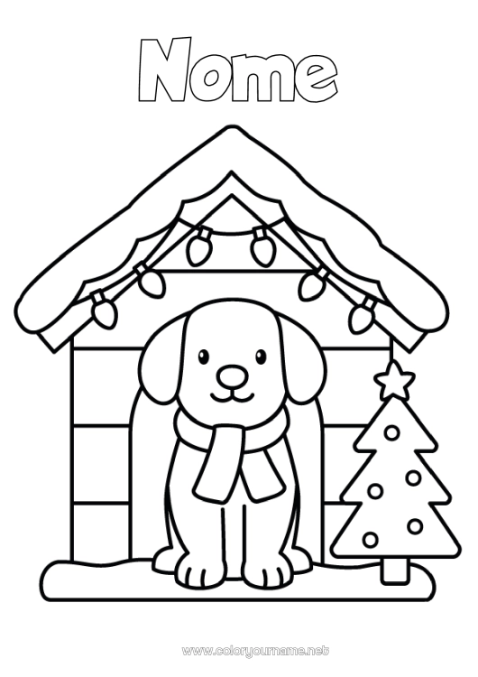 Pagina da colorare da stampare Albero di Natale Natale Cane Ghirlanda di Natale Disegni da colorare facili CanI e gatti Sciarpa Nicchia