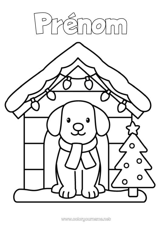 Coloriage à imprimer Sapin de Noël Noël Chien Guirlande de Noël Coloriages faciles Chiens et chats écharpe Niche