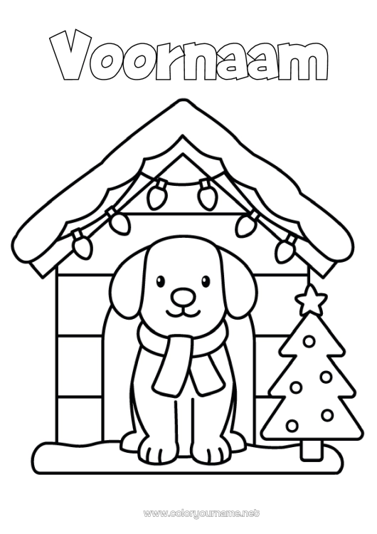 Kleurplaat om af te drukken Kerstboom Kerstmis Hond Kerstslinger Eenvoudige kleurplaten Honden en katten Sjaal Nis