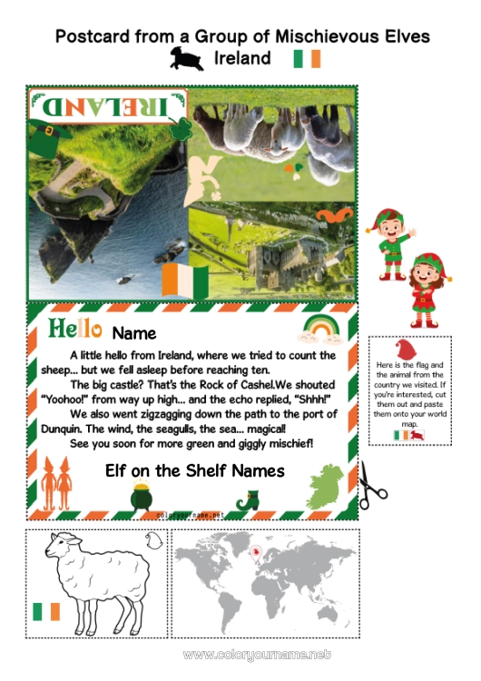 Coloring page to print Elves coloring pages Ireland Christmas Elf Trip Postcard Postcard of SEVERAL elves For several Christmas elves Traveling Christmas Elves
