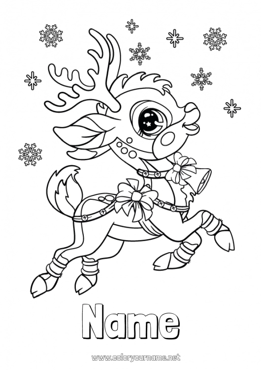 Coloring page to print Cute Winter Reindeer Christmas Snowflakes Animal Forest animals