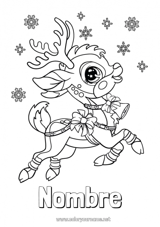 Dibujo para colorear para imprimir Lindo Invierno Reno Navidad Copos de nieve Animales Animales del bosque