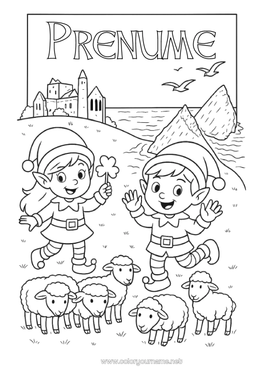 Pagină de colorat de imprimat Moșneguții de Crăciun Desene de colorat cu spiriduși Irlanda Călătoria elfului de Crăciun Mai mulți spiriduși poznași Desen de colorat pentru Păcălici Călători