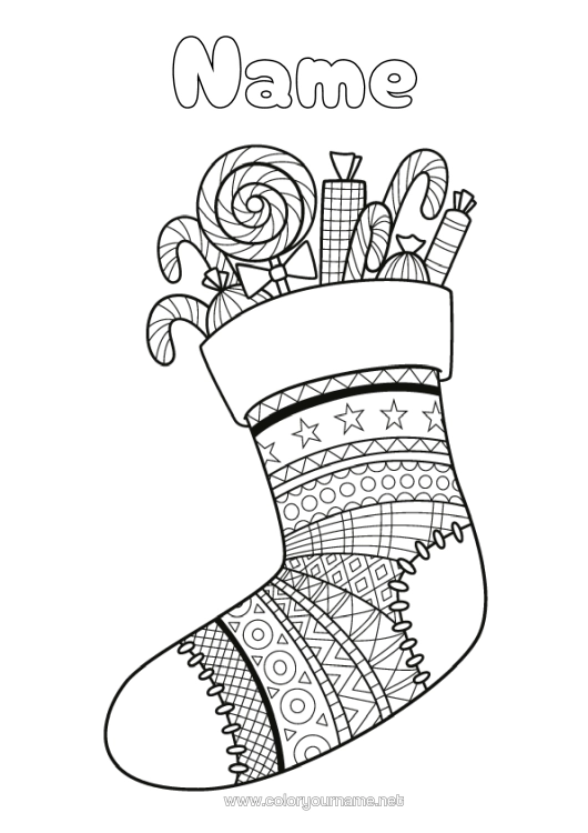 Colouring page to print Sweets Candy Cane Treats, Sweets Pacifier Christmas Stocking