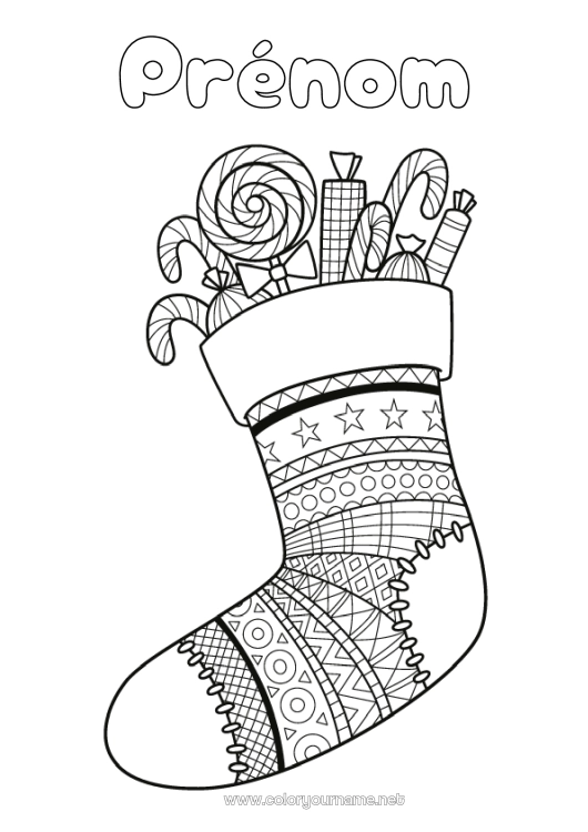 Coloriage à imprimer Bonbons Sucre d'orge Gourmandises, sucreries Sucette Chaussette de Noël
