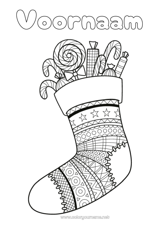 Kleurplaat om af te drukken Snoepjes Gerstesuiker Lekkernijen, zoetigheden Lolly Kerstsok