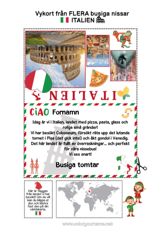 Färgläggningssida att skriva ut Italien Julälvens Resa Postkort Postkort Från Flera Tomtar