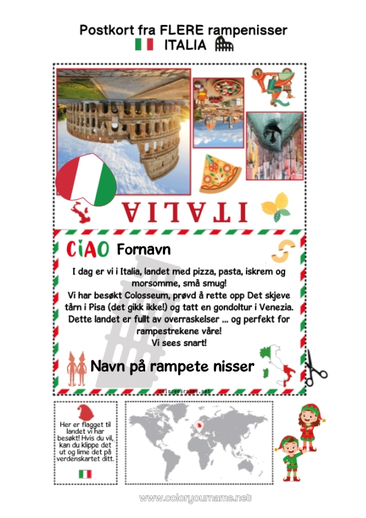 Fargeleggingssiden til utskrift Italia Julealvens Reise Postkort Postkort Fra Flere Nisser